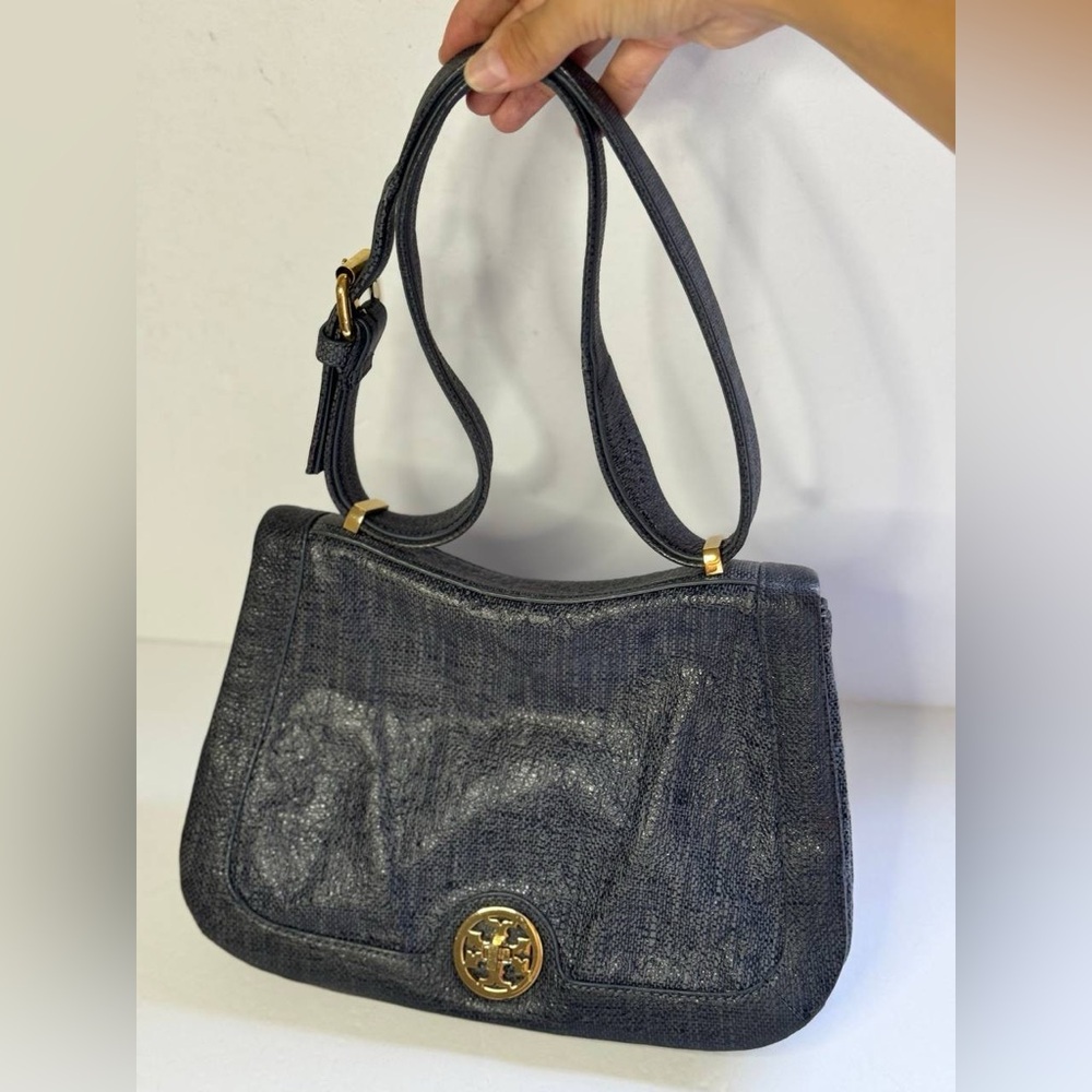 TORY BURCH Grey Leather Saddle Bag W/Trademark Gold Tone Lock - Picture 3 of 14